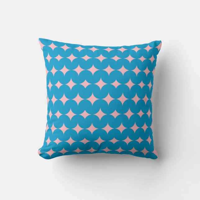 Geometric Mid Century Pattern in Blue and Pink Throw Pillow (Front)