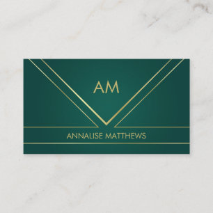 Geometric  Minimal Gold Monogram Emerald Green Business Card
