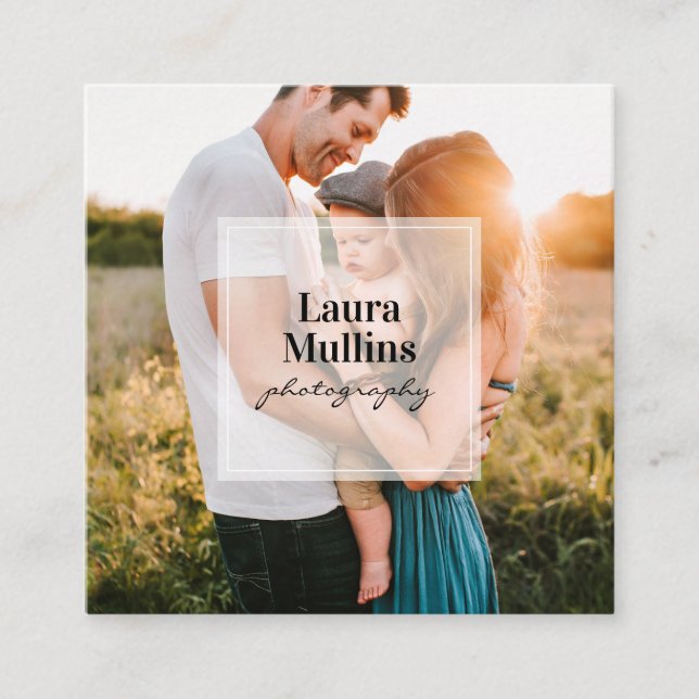 Geometric minimal white square modern photographer square business card (Front)