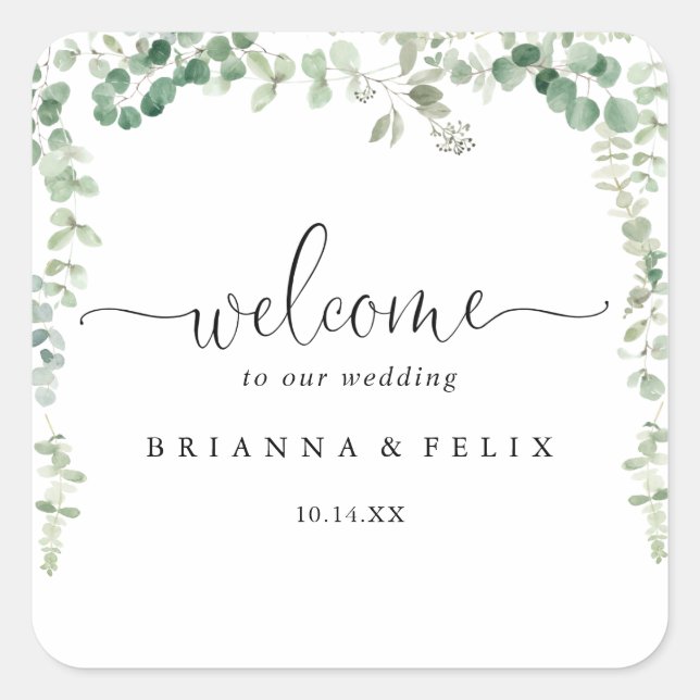 Geometric Minimalist Eucalyptus Wedding Welcome   Square Sticker (Front)
