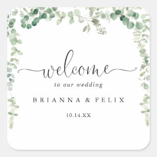 Geometric Minimalist Eucalyptus Wedding Welcome   Square Sticker