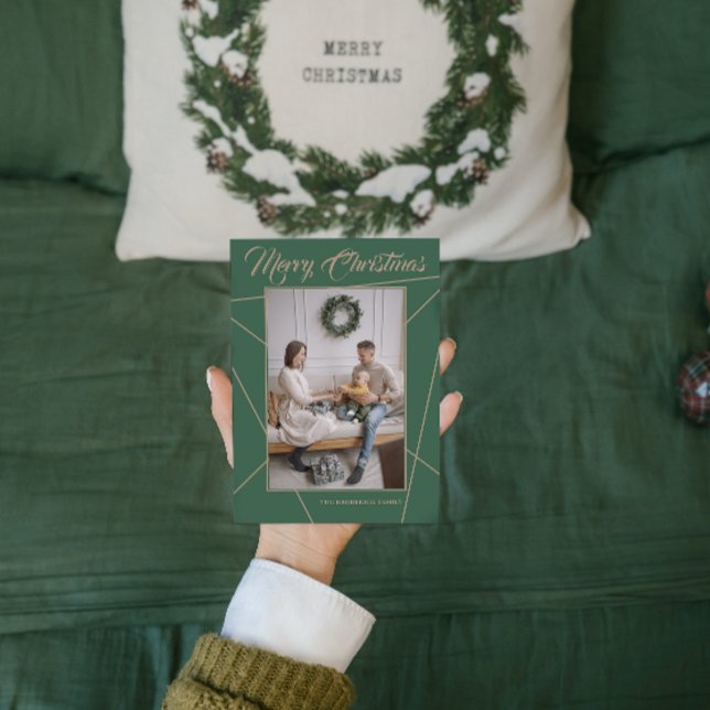 Geometric Mocha Green Merry Christmas Family Photo Holiday Card (Creator Uploaded)