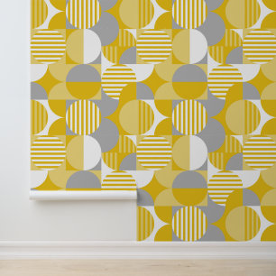 Geometric Modern Bauhaus Style, Yellow and Grey Wallpaper