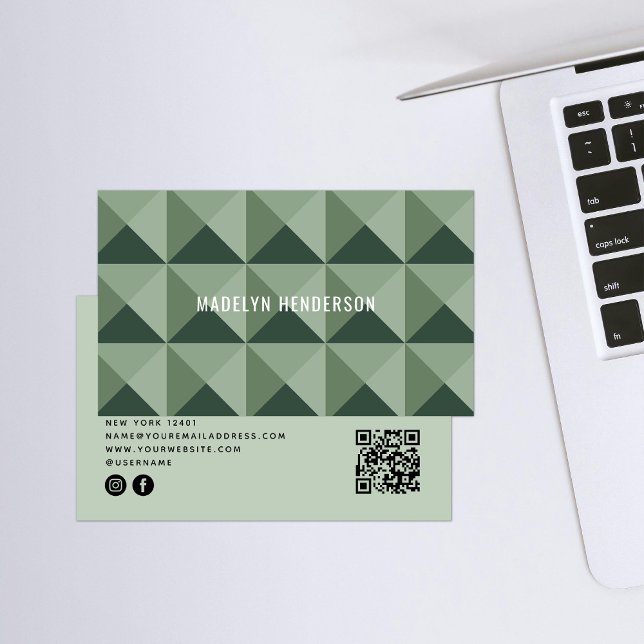 Geometric Modern Bold Abstract QR Code Sage Green Business Card (Creator Uploaded)