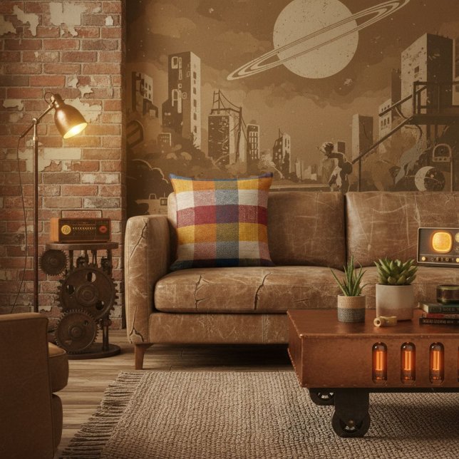 Geometric modern colourful block retro pattern throw pillow (Creator Uploaded)