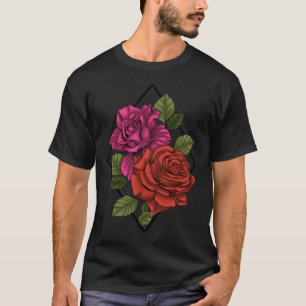 Geometric Modern Garden Pink and Red Roses T-Shirt