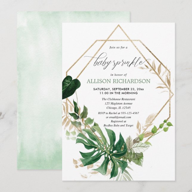 Geometric modern greenery gold baby sprinkle invitation (Front/Back)