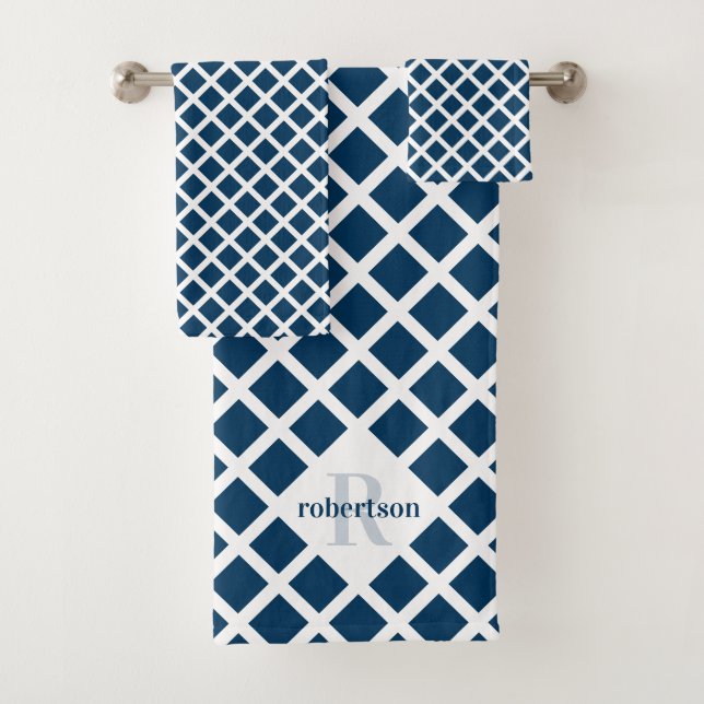 Geometric Modern Navy Blue Pattern Monogram Bath Towel Set (Insitu)