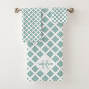 Geometric Modern Teal and White Pattern Monogram Bath Towel Set