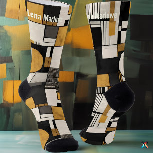 Geometric Modernist in Black and Gold customizable Socks