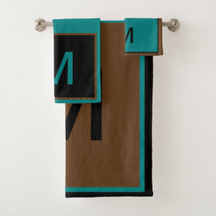 Geometric Monogram Teal Brown Black Bath Towel Set