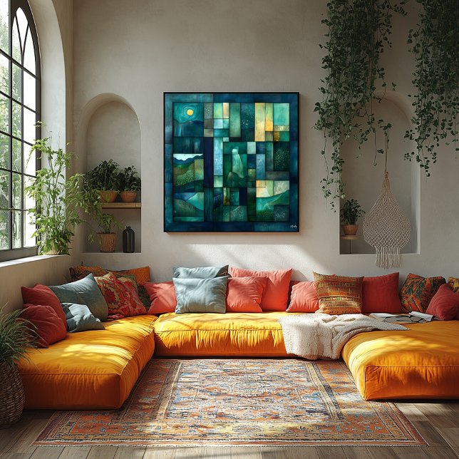 Geometric Moonlit Landscape Art – Teal and Green Poster (Creator Uploaded)