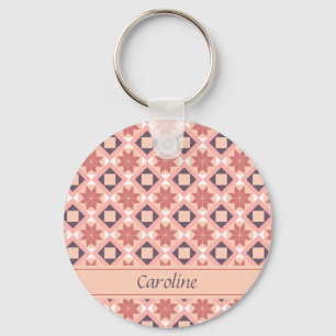 Geometric Moroccan Pink Floral Pattern Add Name Keychain