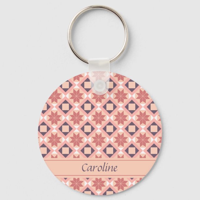 Geometric Moroccan Pink Floral Pattern Add Name Keychain (Front)