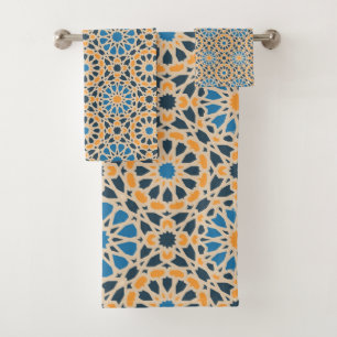 Geometric Moroccan Tile & Orange Pattern Bath Towel Set