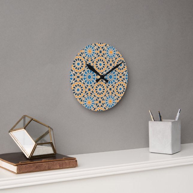 Geometric Moroccan Tile & Orange Pattern Round Clock (Office)