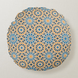 Geometric Moroccan Tile & Orange Pattern Round Pillow