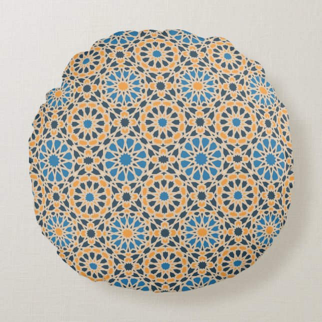 Geometric Moroccan Tile & Orange Pattern Round Pillow (Front)