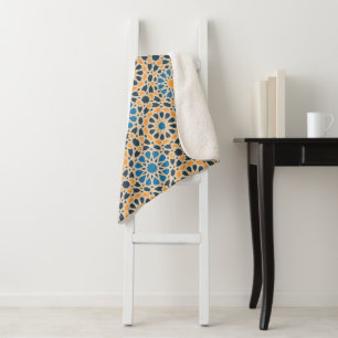 Geometric Moroccan Tile & Orange Pattern Sherpa Blanket
