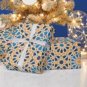 Geometric Moroccan Tile & Orange Pattern Wrapping Paper
