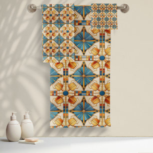 Geometric Moroccan Tile Pattern#1 Teal Gold ID1077 Bath Towel Set
