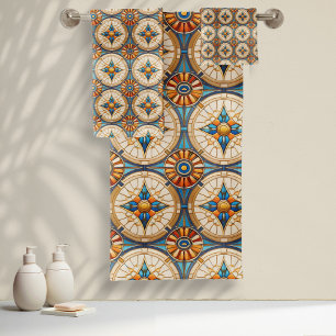 Geometric Moroccan Tile Pattern#2 Teal Gold ID1077 Bath Towel Set