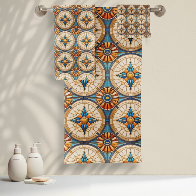 Geometric Moroccan Tile Pattern#2 Teal Gold ID1077 Bath Towel Set (Creator Uploaded)