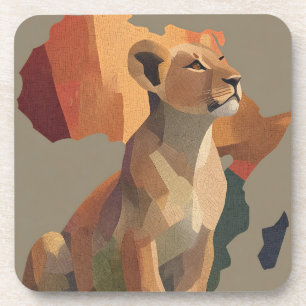 Geometric Mosaic Lioness with Stylized Africa Map Coaster