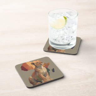 Geometric Mosaic Lioness with Stylized Africa Map Coaster