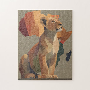 Geometric Mosaic Lioness with Stylized Africa Map Jigsaw Puzzle