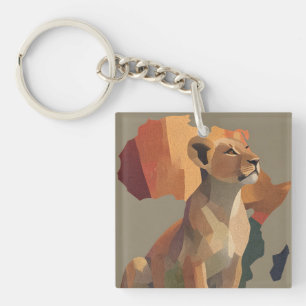 Geometric Mosaic Lioness with Stylized Africa Map  Keychain