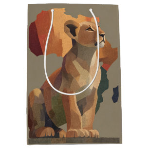 Geometric Mosaic Lioness with Stylized Africa Map Medium Gift Bag