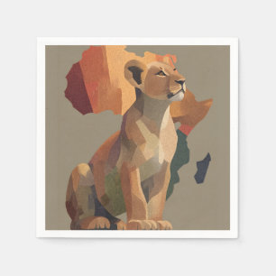 Geometric Mosaic Lioness with Stylized Africa Map Napkin