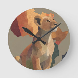 Geometric Mosaic Lioness with Stylized Africa Map Round Clock