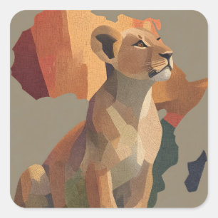 Geometric Mosaic Lioness with Stylized Africa Map Square Sticker