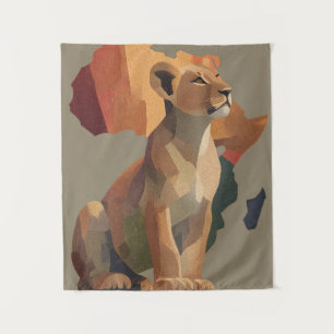 Geometric Mosaic Lioness with Stylized Africa Map Tapestry