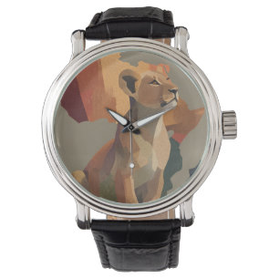 Geometric Mosaic Lioness with Stylized Africa Map  Watch