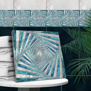 Geometric Mosaic Spiral - Aquamarine and Pearl Tile