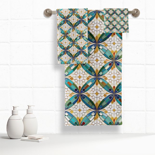 Geometric Mosaic Tile Pattern#5 Teal  White ID1078 Bath Towel Set (Creator Uploaded)