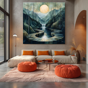 Geometric Mountain Landscape with Waterfall & Moon Canvas Print