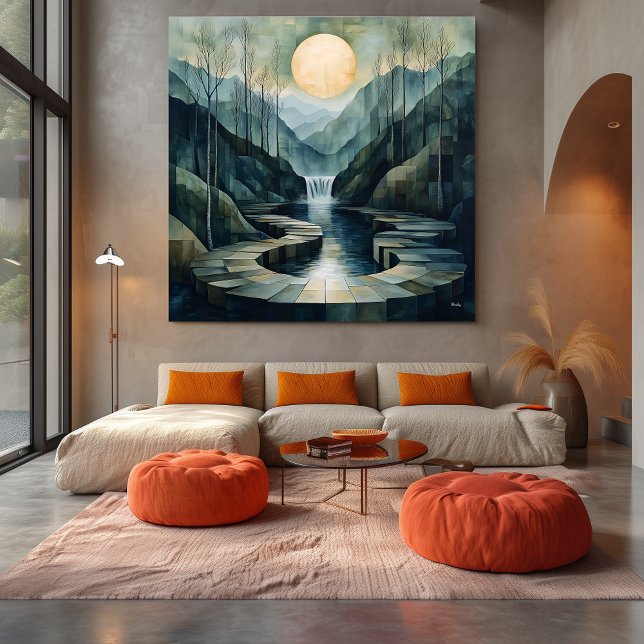Geometric Mountain Landscape with Waterfall & Moon Canvas Print (Creator Uploaded)