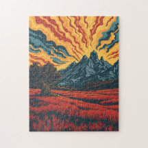 Geometric Mountain Peaks and Red Field Graphic Art