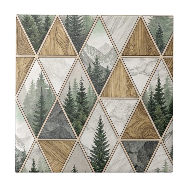 Geometric Mountain & Pine Forest Tile Pattern Art (Front)