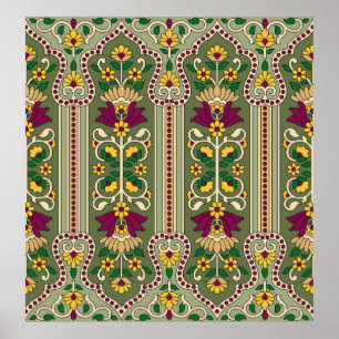 Geometric Mughal Paisley pattern on green backgrou Poster