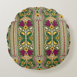 Geometric Mughal Paisley pattern on green backgrou Round Pillow
