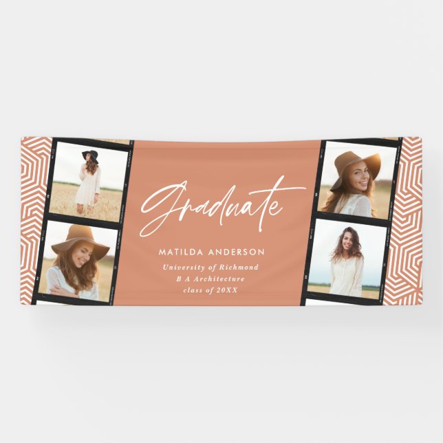 Geometric multi photo terracotta graduation party  banner (Horizontal)