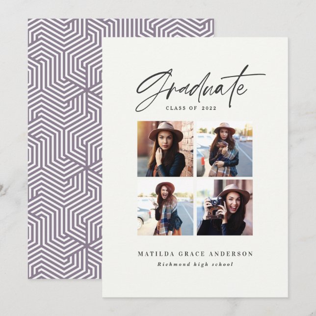 Geometric multi photo typography graduation purple announcement (Front/Back)