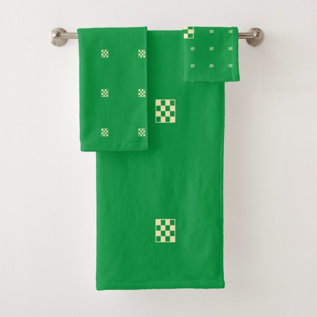 Geometric Natural Greenery Chequered Green & Cream Bath Towel Set (Insitu)