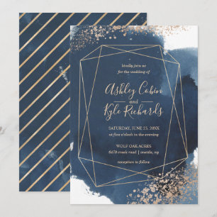 Geometric Navy and Gold Frame Watercolor Invitation