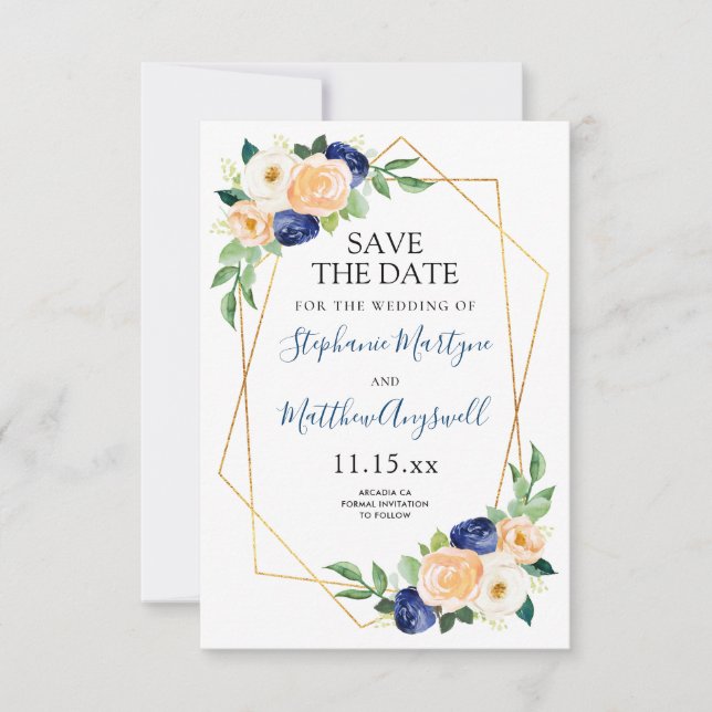Geometric Navy Blue Peach Coral Floral Wedding Save The Date (Front)